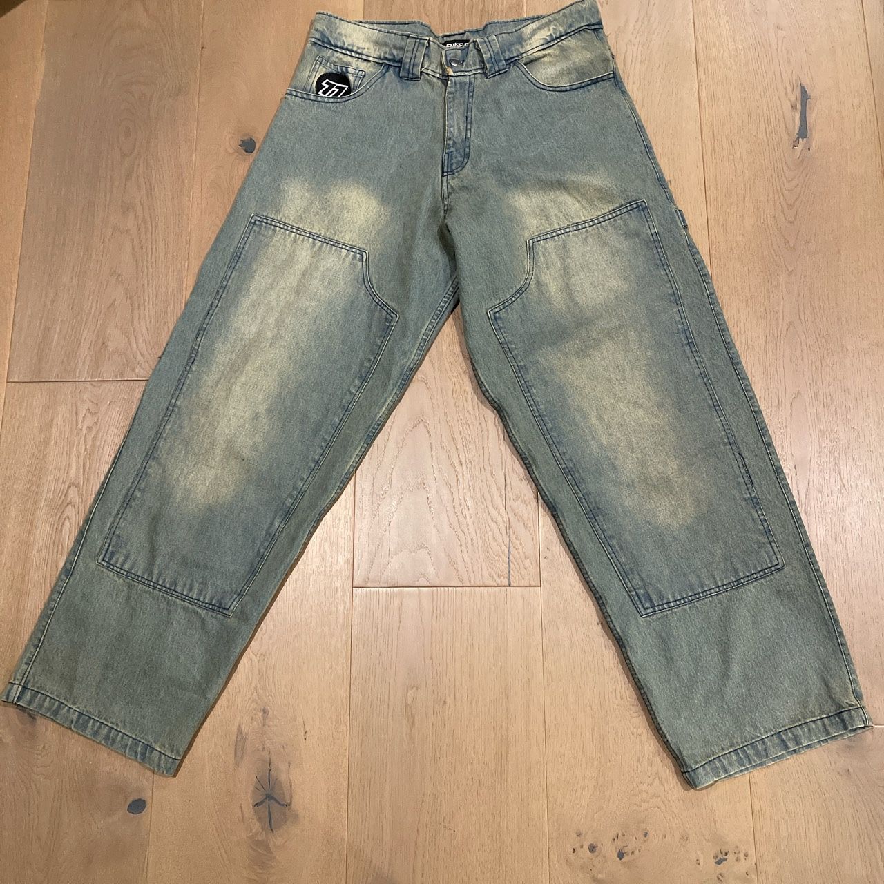 77denim Jeans double knee very baggy acid wash faded