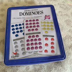 Cardinal Double 15 Color Dot Dominoes with Tin Case by Cardinal The box reads 136 pcs missing 10 pcs 