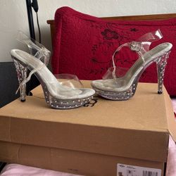 Clear Pleaser Heels With Rhinestones