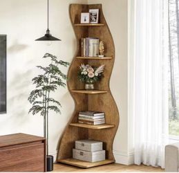 J0447 70 in. Tall Brown Wood 5-Shelf Corner Bookcase with Ample Storage and Space-Saving Design for Living Room, Office