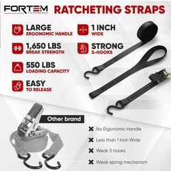 FORTEM Ratchet Tie Down Straps, 4X 4.6m Securing Straps, 4X Soft Loops 748kg Break Strength, Rubber Coated Metal Handles, Plastic Coated Metal Hooks, 