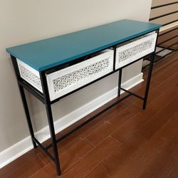 Modern Boho Console Table - Teal Top with Woven Drawer Detail