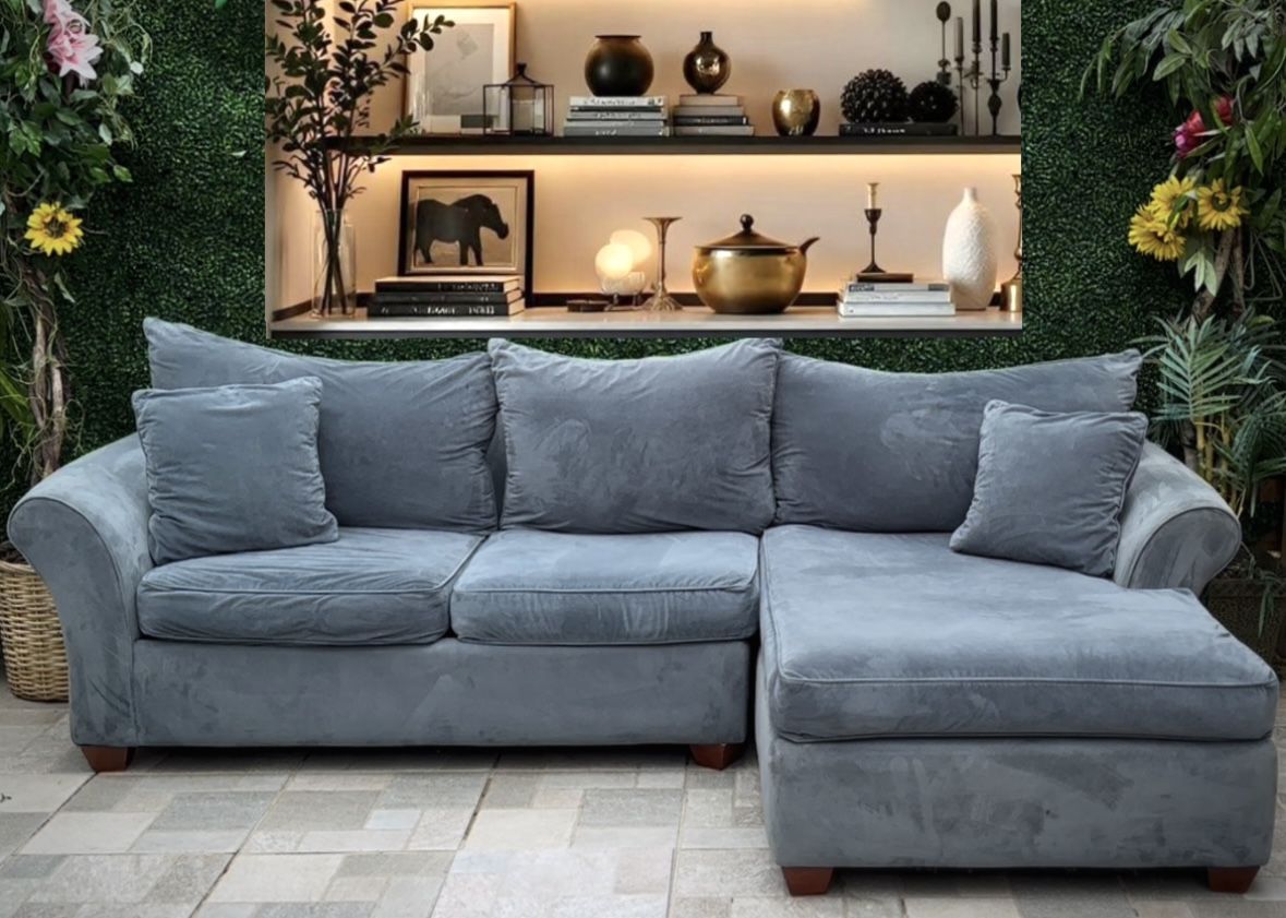 (Free Delivery đźšš ) Cool Blue Velvet Suede 2-Piece Sectional Couch w/ Chaise