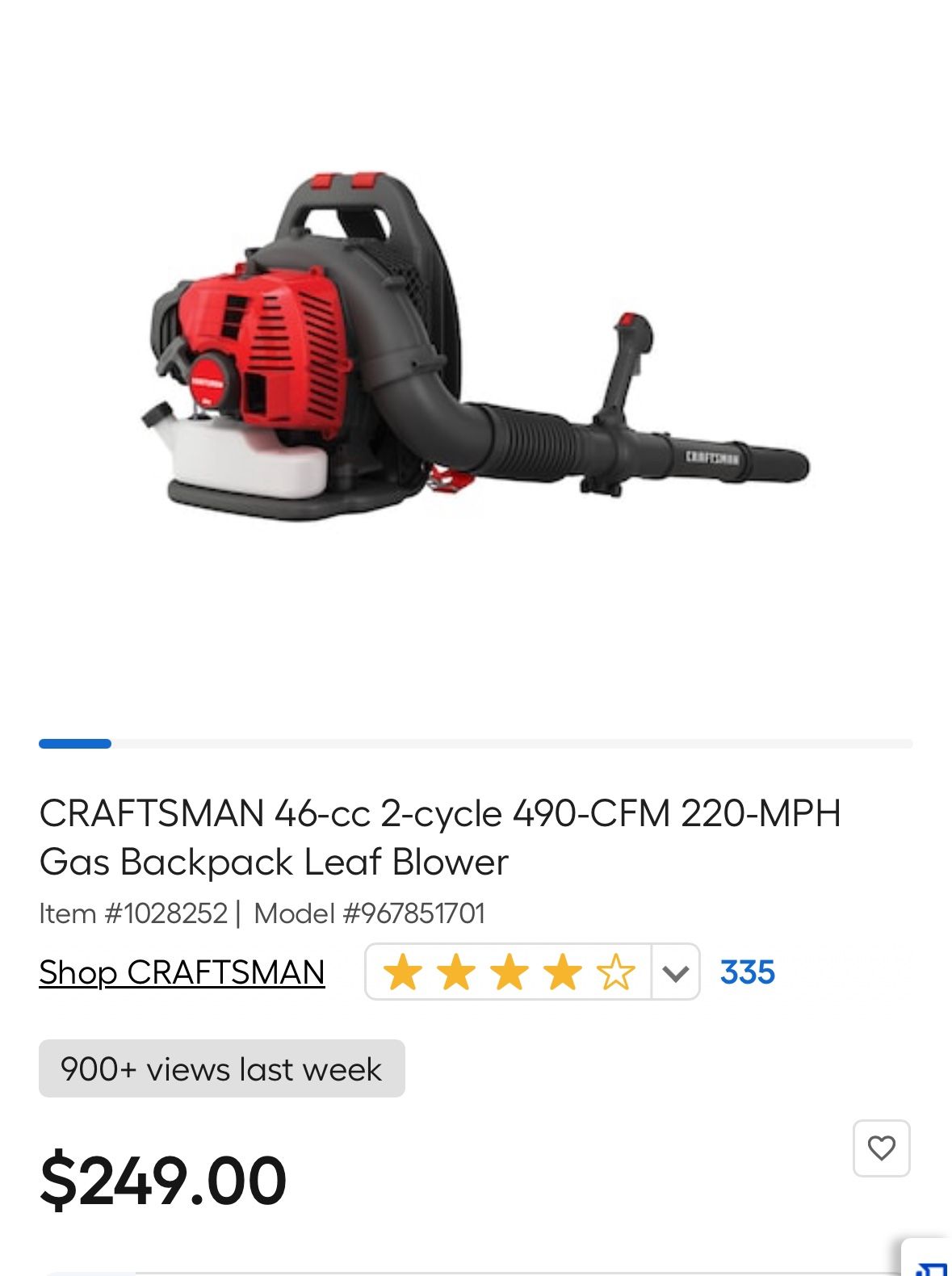 CRAFTSMAN 46cc 2-cycle 490-CFM 220-MPH Gas Backpack Leaf Blower
