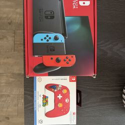 Nintendo Switch (Neon Red/Blue) + PowerA Wireless Mario Controller - Like New