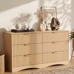 New 6 Drawer Double Dresser for Bedroom, Modern Fluted Wide Dresser Chest of Drawers with Gold Handles & Curved Base, Wood Storage Dresser Organizer f