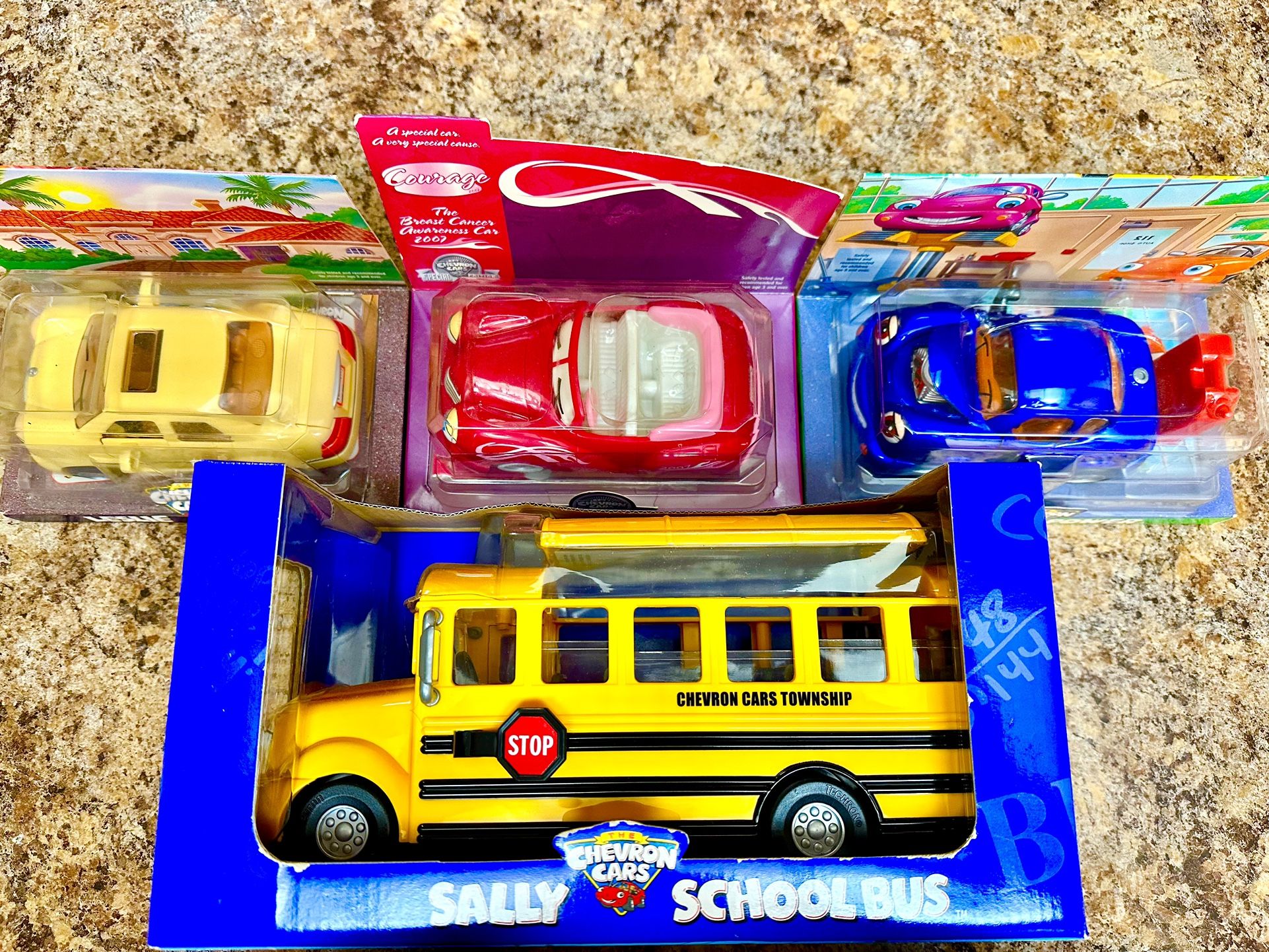 Chevron Sally School Bus & Three Car Collection (Brand New