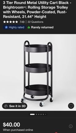 3 tier round metal storage utility or bar cart - black