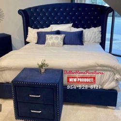 Melody Queen Wingback Upholstered Bed Pacific Blue