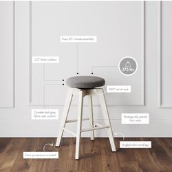 Nathan James Kitchen Bar Stool 26" 360° Swivel Upholstered Seat Backless, White