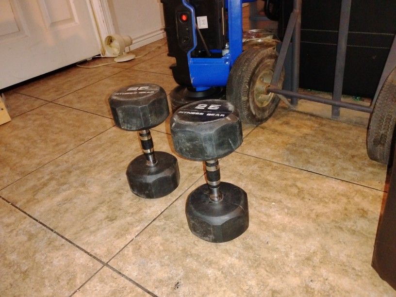 Pair Hexagon 25lb Rubber Coated Dumbbells
