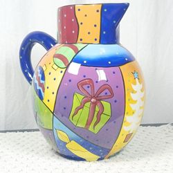Studio Designworks Colorful Collage Holiday Christmas Ceramic Pitcher 3 Quarts 