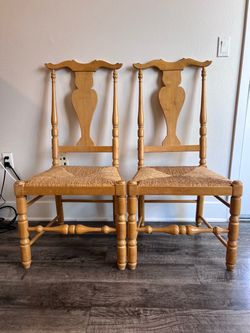 Solid Wood Rush Woven Farmhouse Dining Kitchen Chairs Set of 2– Maple Finish FURNITURE