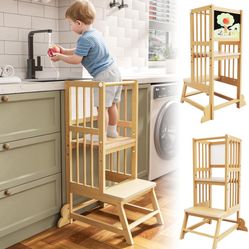 Toddler Tower, Kids Kitchen Step Stool with Safety Rails, Toddler Standing Tower Adjustable Height, Wooden Kitchen Stool for Kids, for Living Room Cou