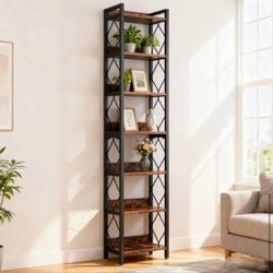 78.7 in. Tall Rustic Brown Engineered Wood 7-Shelf Bookcase, Tall Narrow Bookshelf Corner Shelf Rack