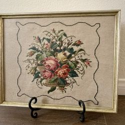 vintage needlepoint framed Roses Floral Embroidery Picture 11/14”