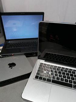 Macbook Pro Aq2u8 500gbSSD 4GB DDR3, 2011 iCore5Mac Mini 500gb HHD 4GB DDR3, and a 15" Compaq 2gb(?)DDR2 500GB HHD(THIS IS HORRIBLE!!!!....FOR PARTS)