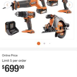 RIDGID 18V Cordless 5-Tool Combo Kit with (2) 4.0 Ah Batteries, Charger, Tool Bag, and Accessories