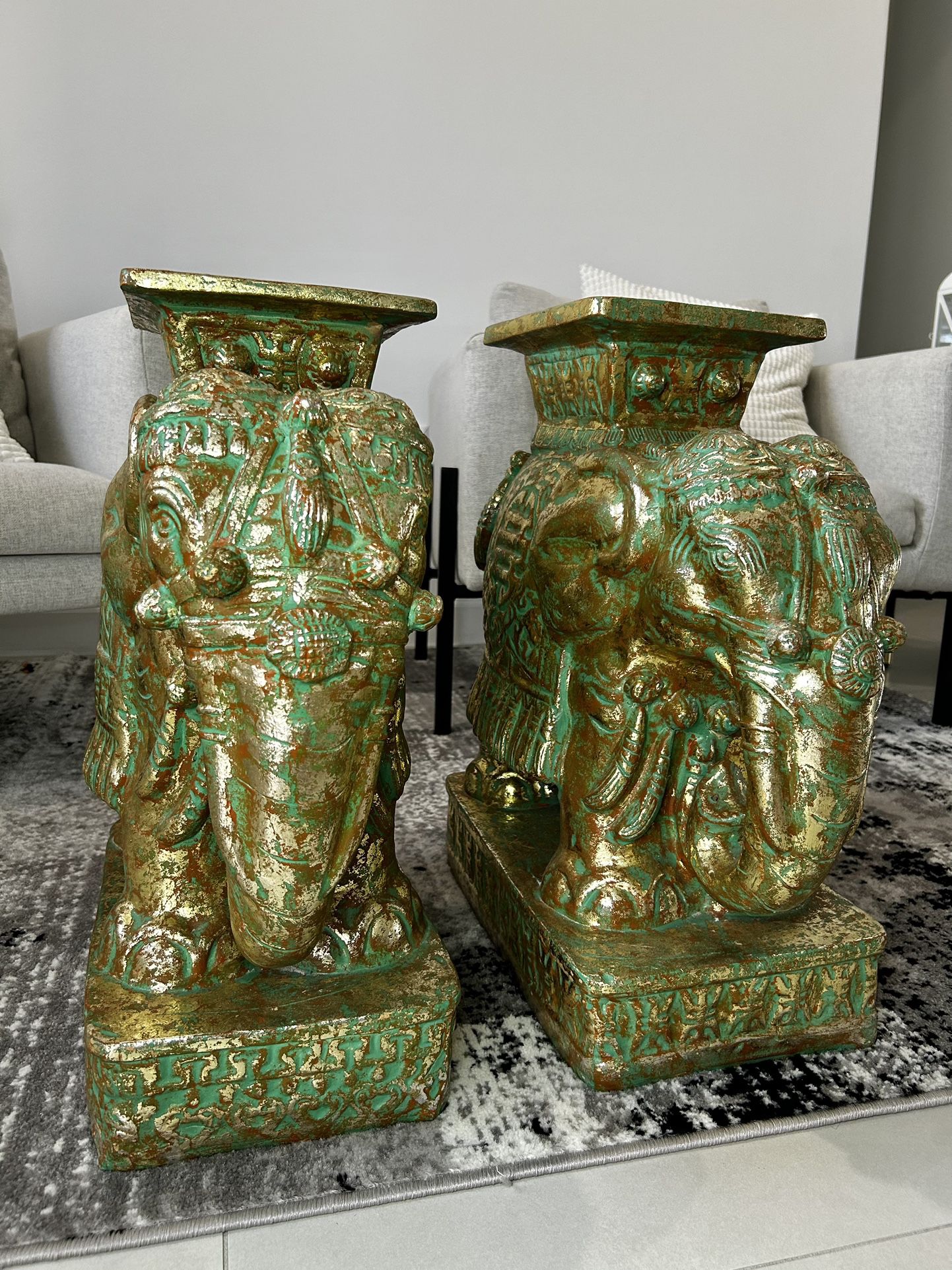  Pair Chinese Ceramic Elephant Signed Mid Century Garden Seat End Tables 