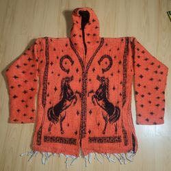 Mexican Poncho Jacket Blanket Serape Orange And Black Hooded 