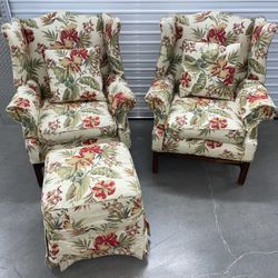 2 Vintage Floral Print Antique Armchairs + 1 Floral Print Footstool + 2 Throw Pillows 