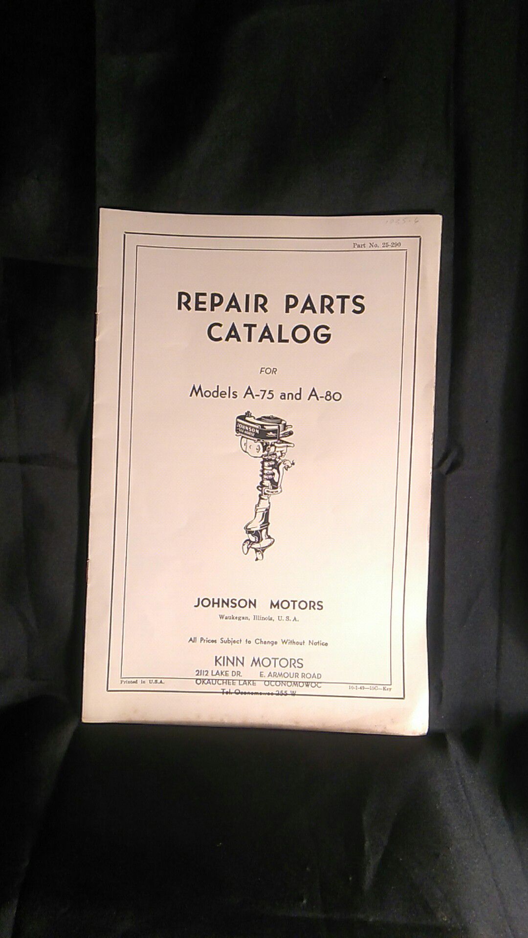 Johnson Outboard Motors Repair Parts Catalog For Model A-75 and A-80 Part # 25-290