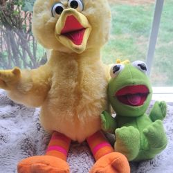 Vintage 90s Talking Big Bird & Kermit Stuffed Animals Plush Toys Sesame Street