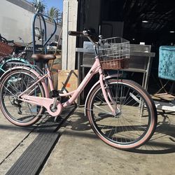 VIRIBUS Women's 24" Beach and City Bike with Basket, 7 Speeds, Pink