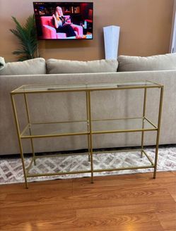 Console table, glass shelves, gold
