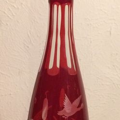 Antique Cranberry Glass Decanter - Red Cut to Clear, Etched Duck Marsh