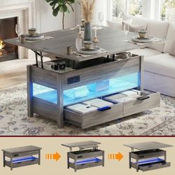 NEW 3 in 1 Coffee Table Lift Top Center Table with Charging Station and LED Lights 39.37"