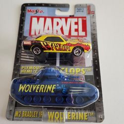 Maisto Marvel Diecast Cyclops (Plymoth Cuda) & Wolverine (M2 Bradley) - New  Car