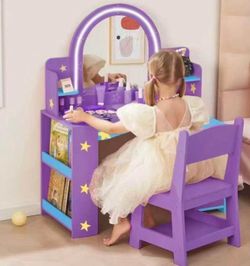 Kids Vanity with Lighted Mirror, 2 in 1 Princess Vanity Set Toddler Vanity Table & Chair Set with Op