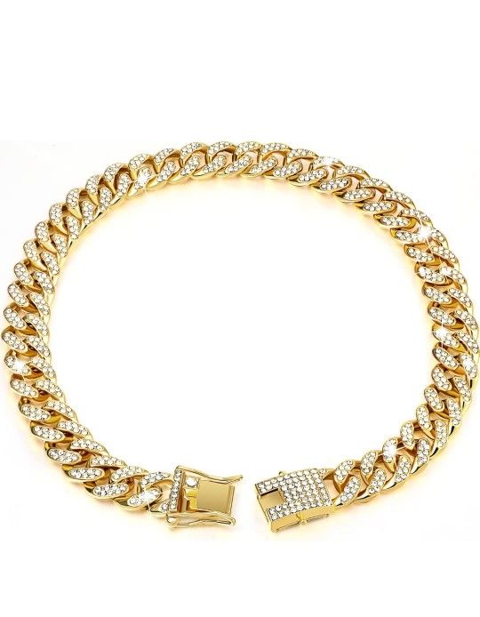 NEW! Pet Collar, Metal Chain & Diamond Collar w/ Secure Buckle, (Gold, 14", 2.25 oz.) *could fit human necks too! (2 available)