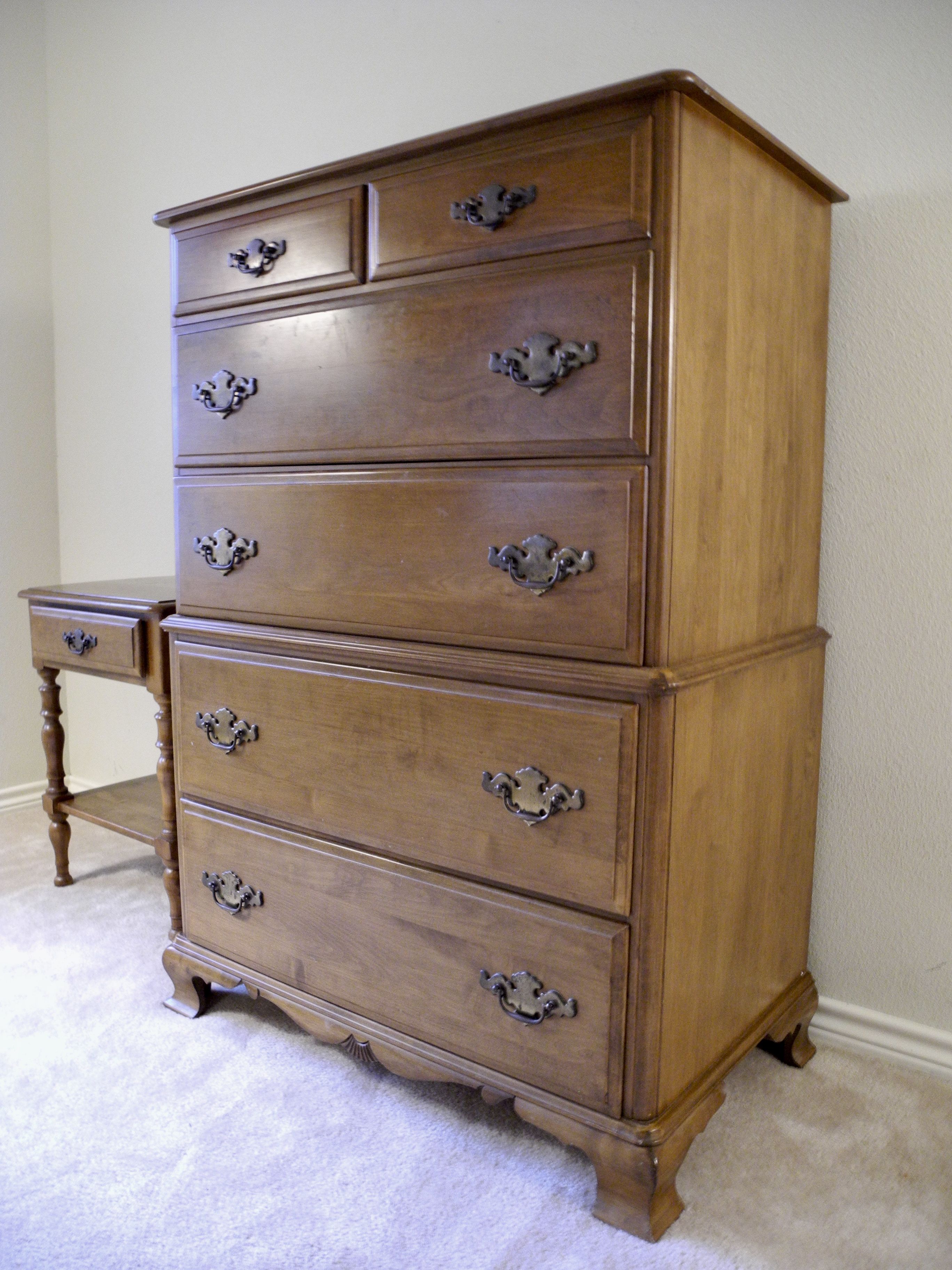 Vintage Antique Kling Colonial Solid Maple 50" High Tallboy Chest Chippendale Dresser with six (6) drawer AND matching nightstand