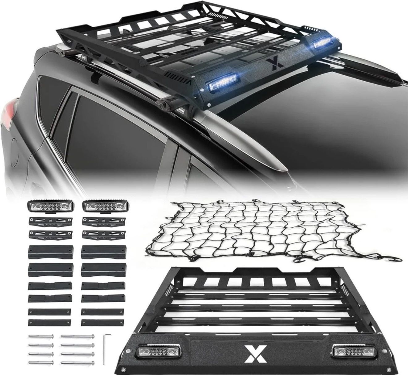 55"X41" Roof Racks & Cargo Carriers Basket With 2 Pcs LED Light Bars & Net | Yzona