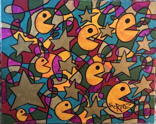 Original Painting On Canvas 8 PACMEN By NYC Street Urban Pop Artist SCRIBZ 21x16