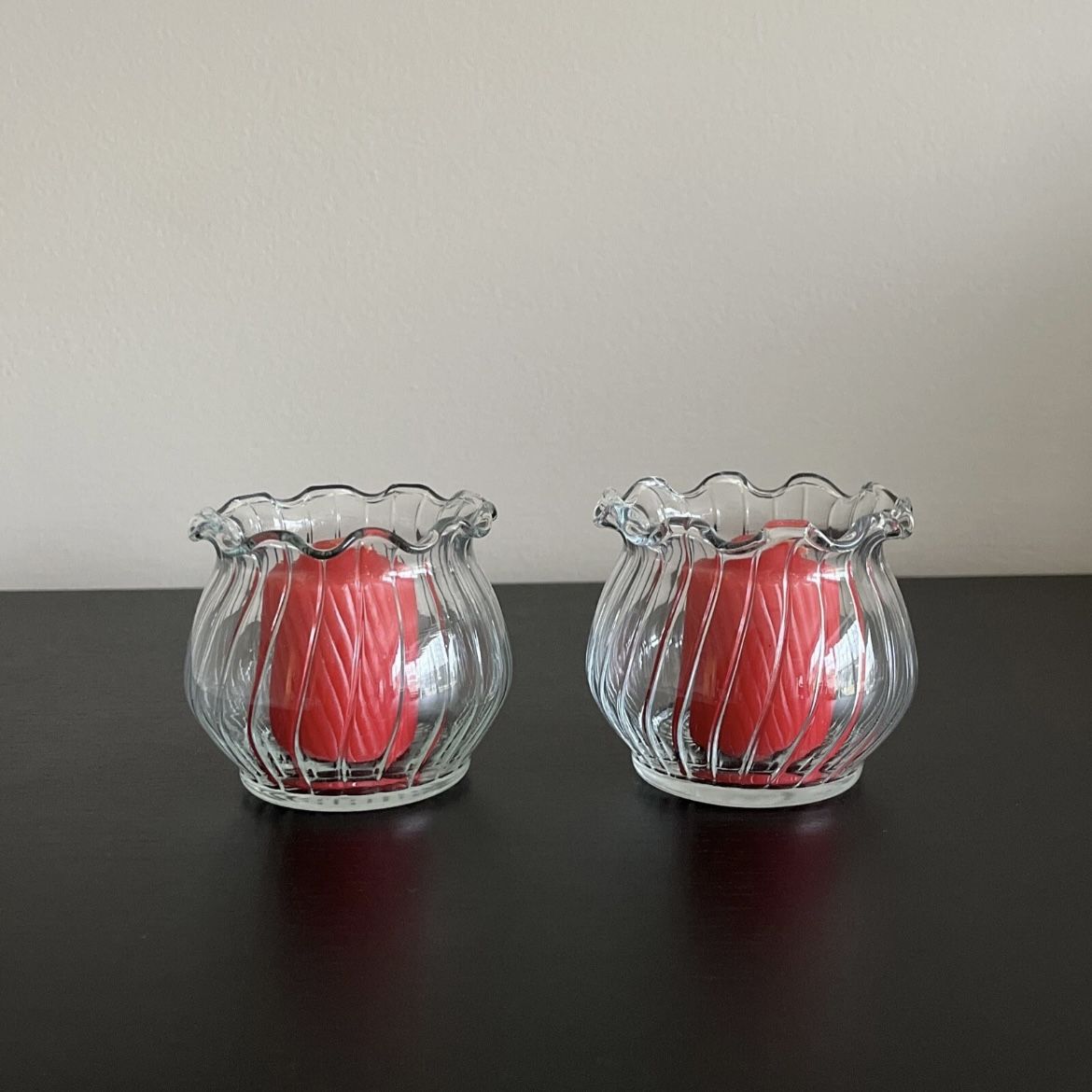 2 Glass Votive Candle Holders Red Candles 2.5 Inch