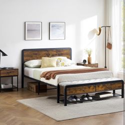 Queen Platform Bed Frame + Padded Storage Bench – Industrial Style