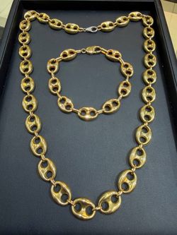 14k solid yellow gold Gucci Puffed link Chain Natural Diamond Necklace & Bracelet set