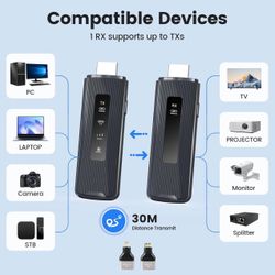  Wireless HDMI Transmitter and Receiver with LED Display Screen, 100Ft/30M Portable 2.4G/5G Wireless HDMI Extender Kit, Plug and Play, Support 1080P, 