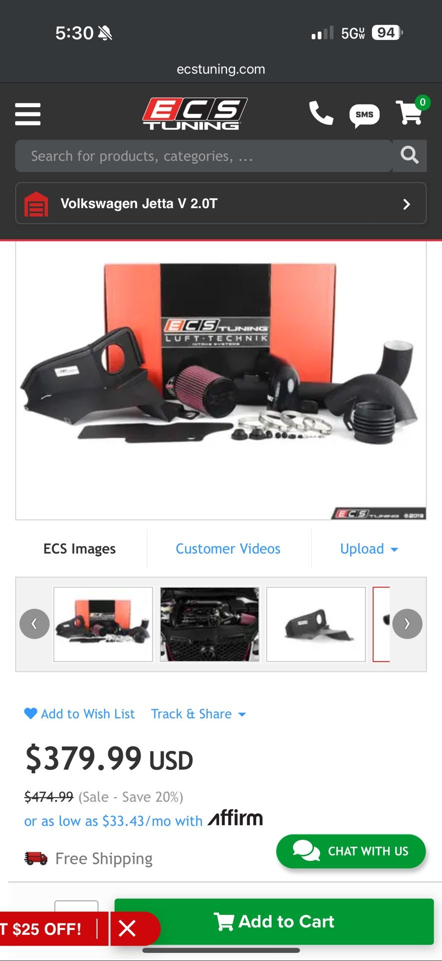 EVS Tuning Cold Air Intake For MK5 GLI/GTI With 2.0T FSI Engine