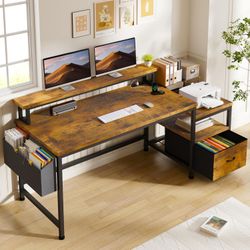 56.5" Office Desk with Drawers and Printer Space,Computer Desk with Power Outlets,Home Office Desks with File Drawers Cabinet,Study and Gaming Desk wi