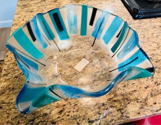 MCM Style Fused Glass 14.5" Bowl Leiloni Designs Centerpiece Art Handcrafted