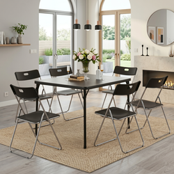 Homy Casa Fern+Mimosa 7PC Dining Set 34" Black Folding Table with Folding Chairs for Kitchen, Dining, Small Space