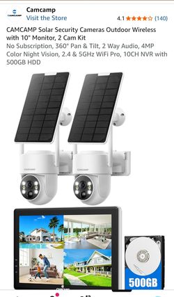 Solar Wireless Security Camera System - 2 Cam Kit w/ 10" Monitor & 500GB HDD (4MP PTZ)