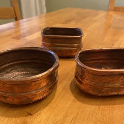 Set of 3 small copper pots trinket dish/ faux succulent / plant holder. 4x2 and 3x2 inches.