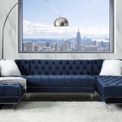 Navy Blue Velvet Sectional Sofa With 2 Pillows Included 