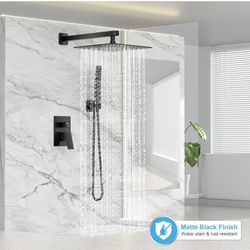 Black Shower Faucet Set, Rainfall Shower System with Rain Shower Head and Handle Set, Wall Mounted Shower Fixtures, Full Metal Trim Repair Kit 10 inch