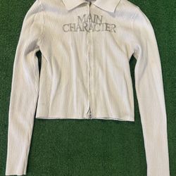 Praying White  cropped zip-up sweater with Main Character graphic size S 